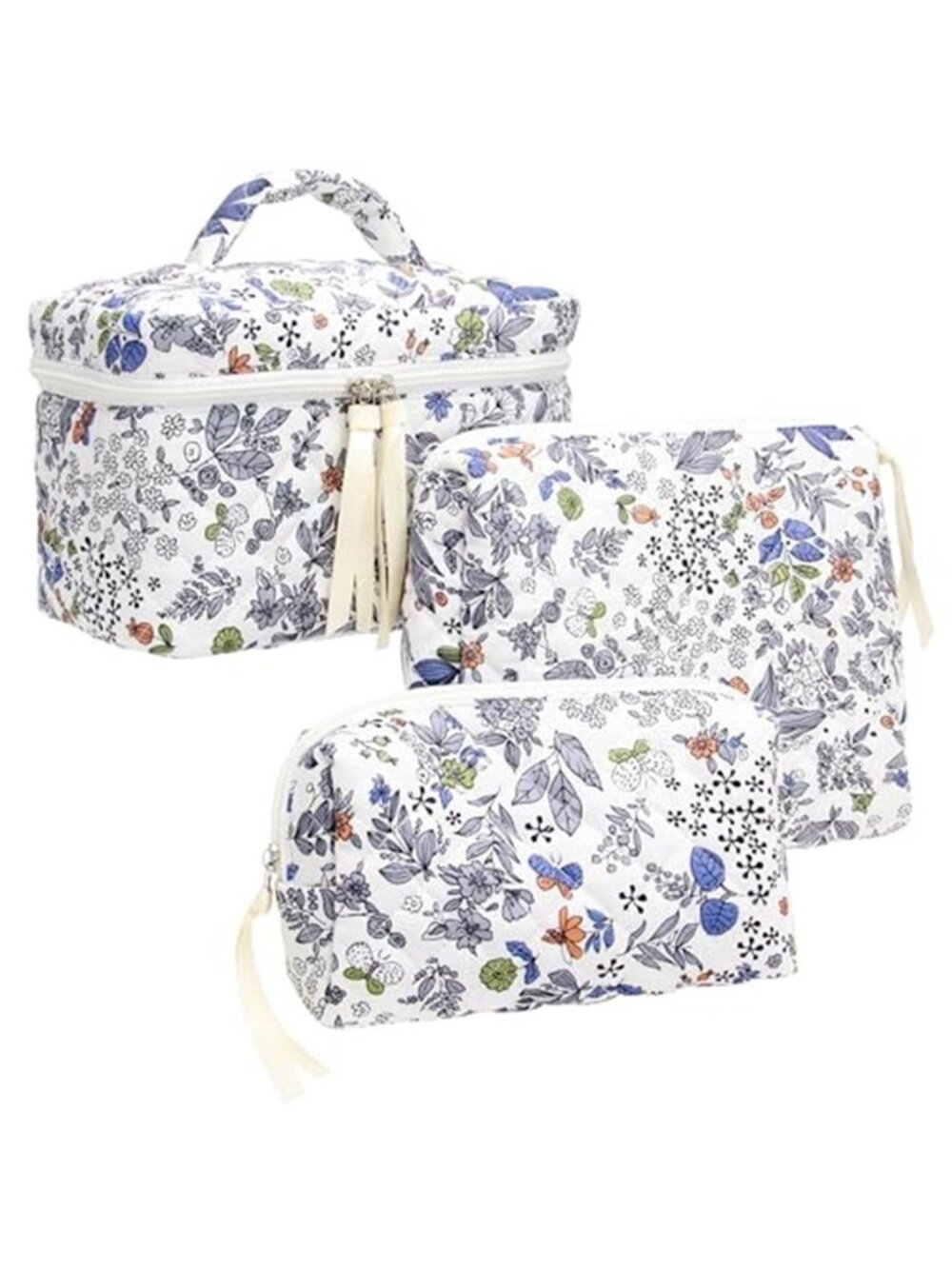 3 Piece Quilted Makeup Bag Set for Women,Cosmetic&Toiletry Bag,Leaf White - Picture 1 of 6